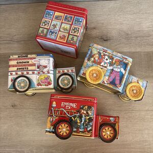 4 -  Fire Department Firetruck, Clown Car, Home Grown Metal Candy Tin Coin Bank